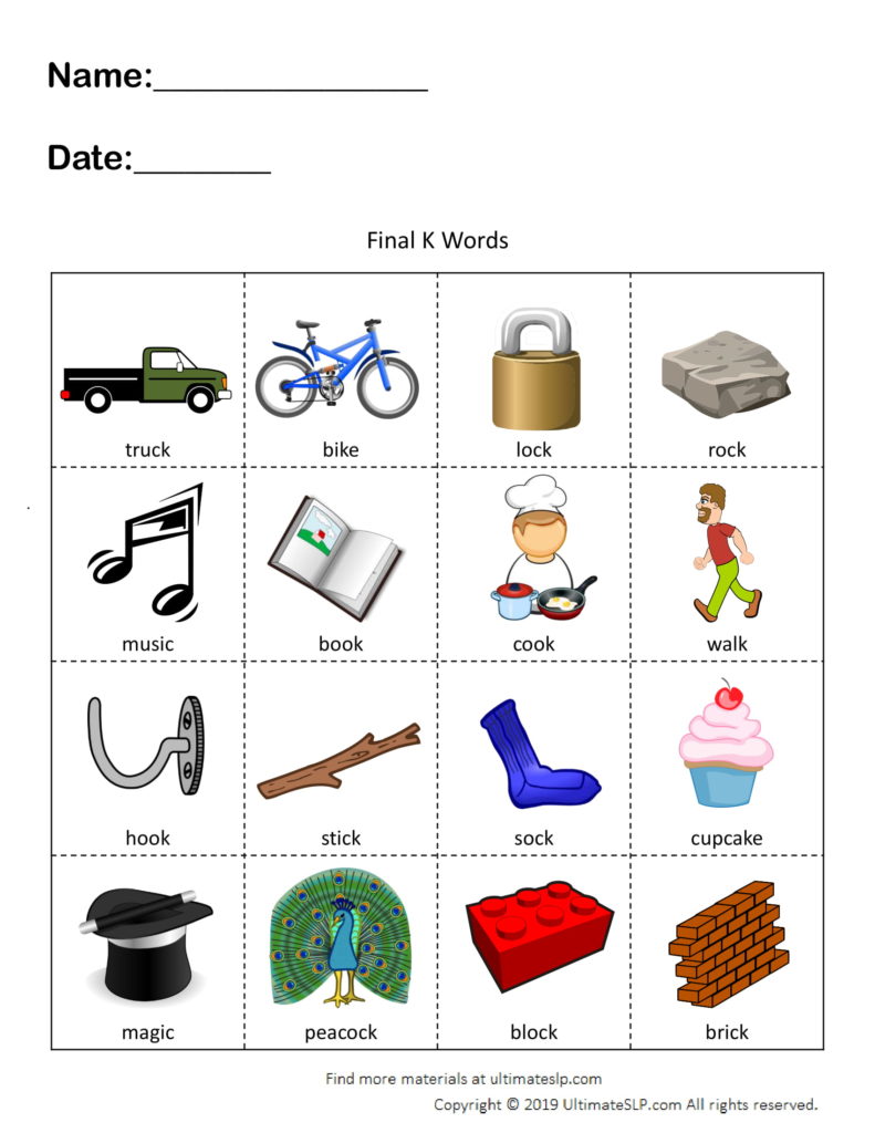 Final K Words Worksheet Ultimate SLP