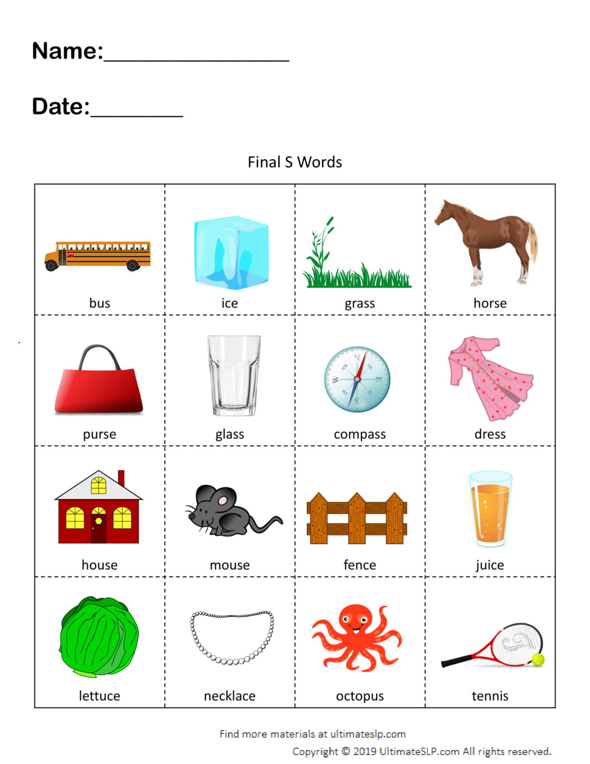 Final S Words Worksheet - Ultimate SLP