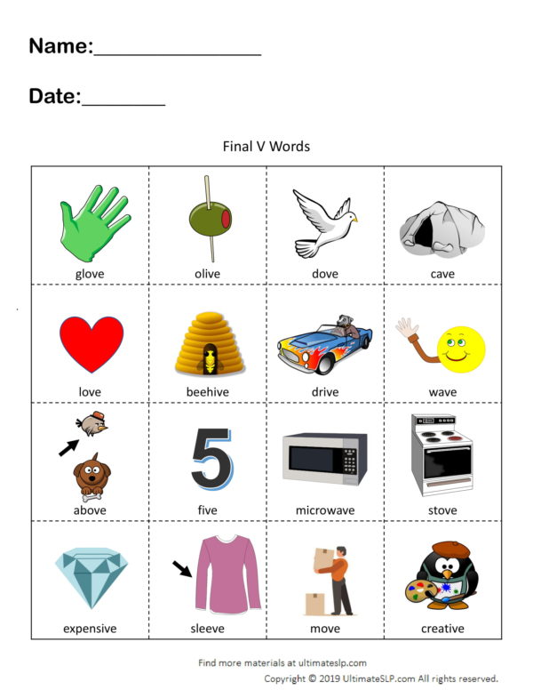 Final V Words Worksheet Ultimate SLP