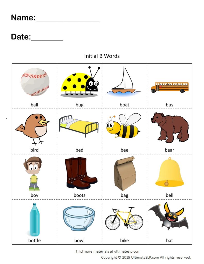 Initial B Words Worksheet - Ultimate SLP