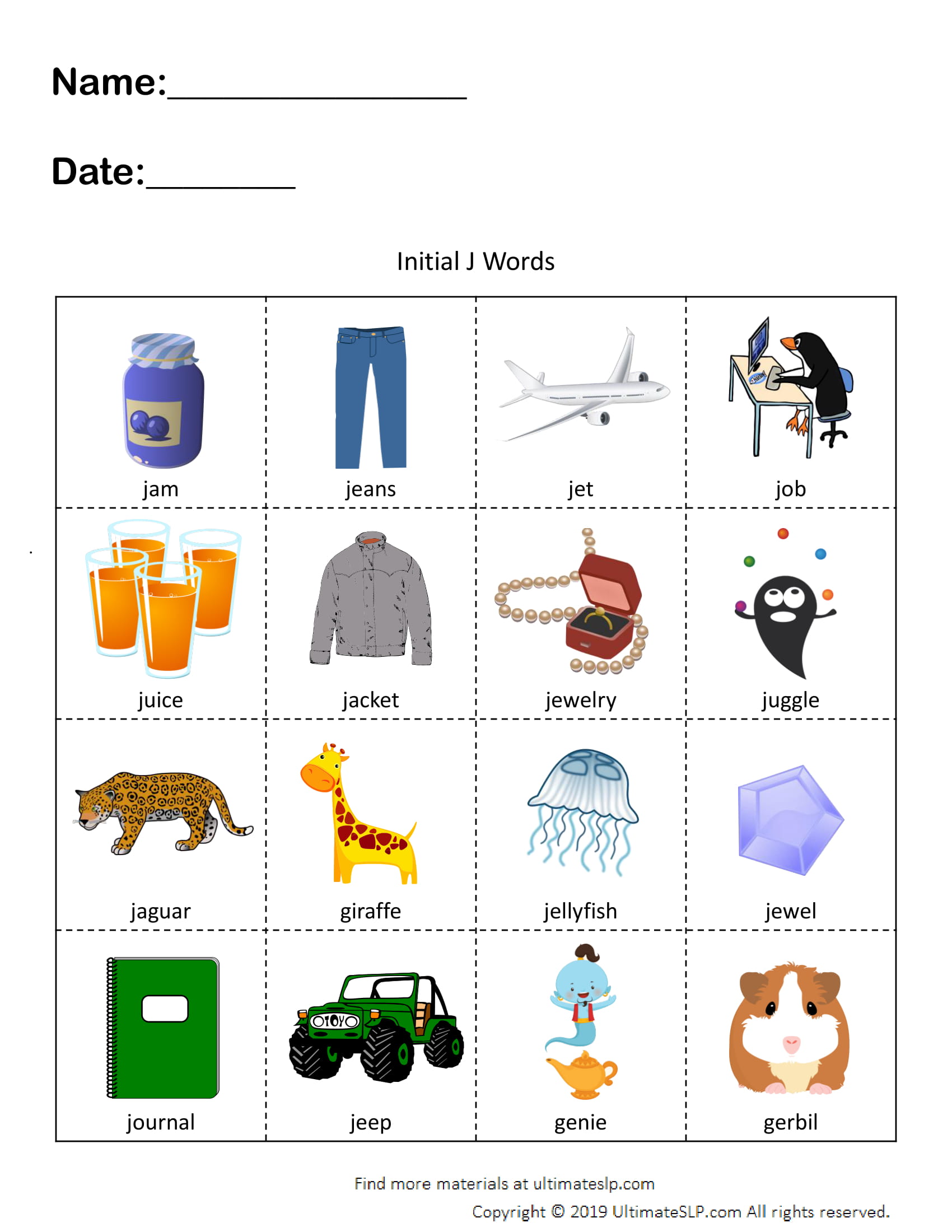 Initial J Words Worksheet Ultimate SLP