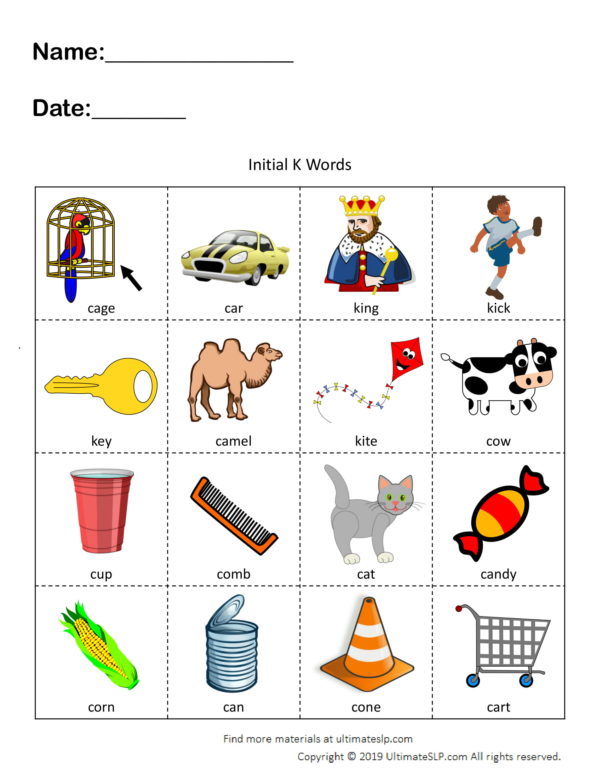 Initial K Words Worksheet - Ultimate SLP