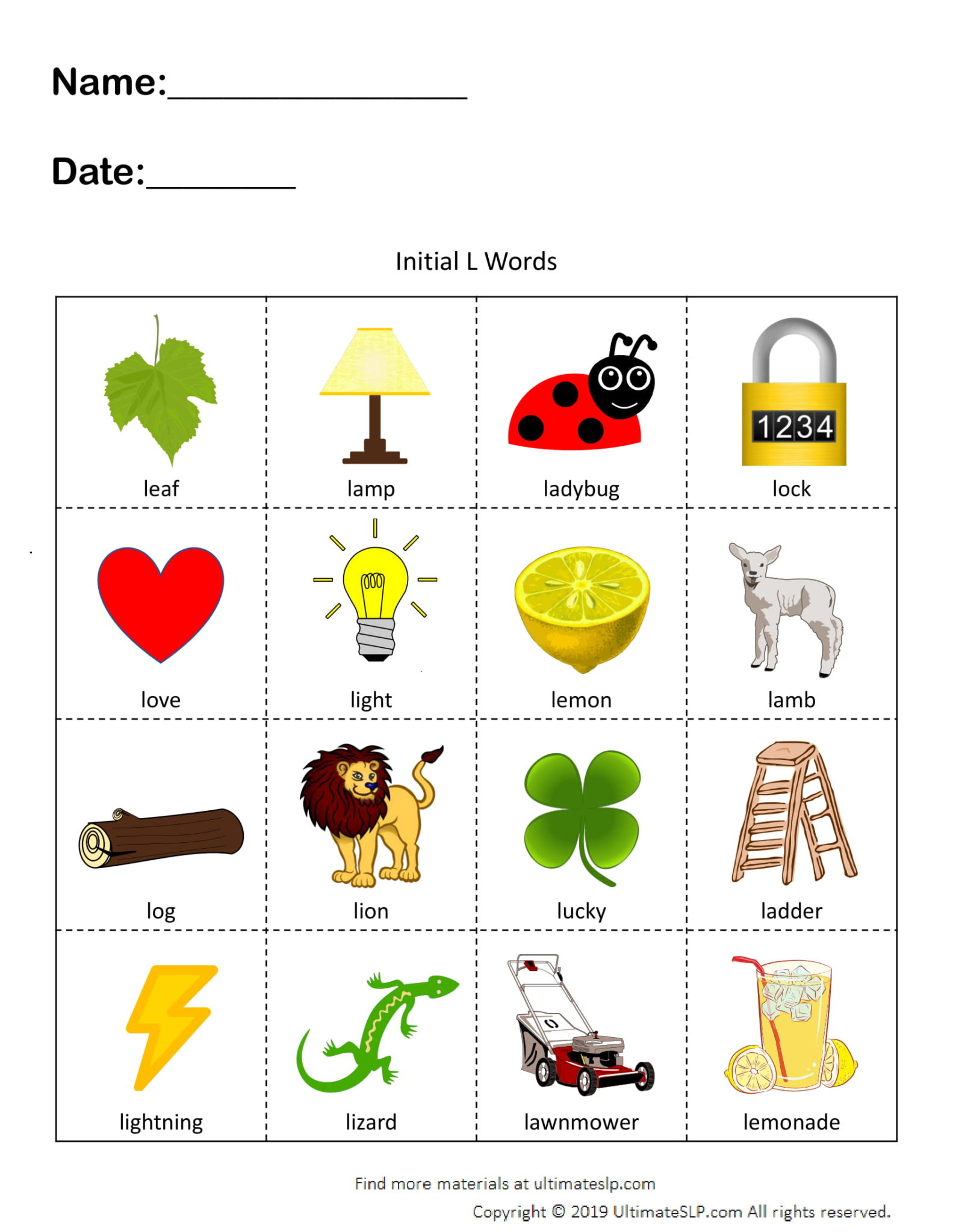 Initial L Words Worksheet Ultimate SLP