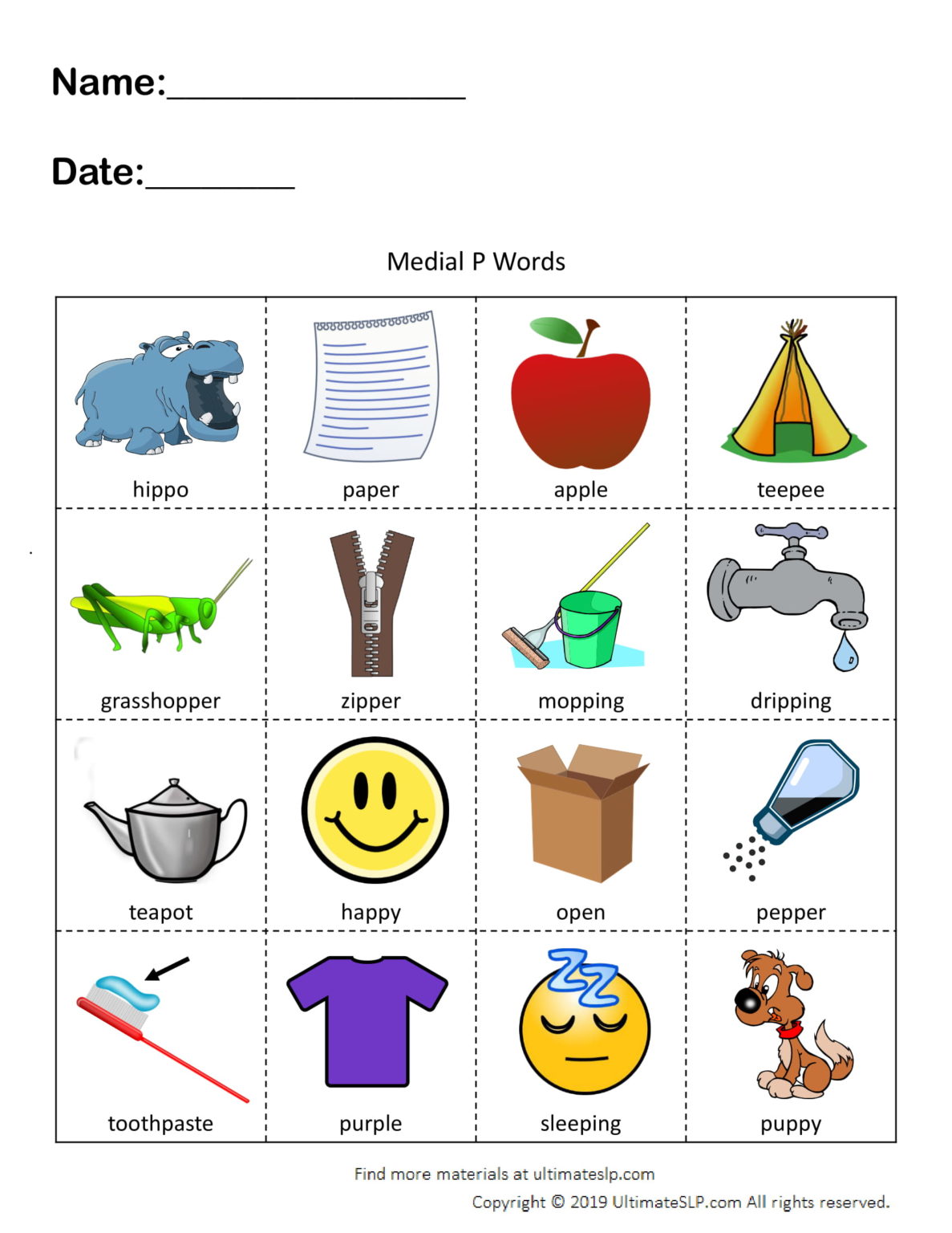 Medial P Words Worksheet - Ultimate SLP