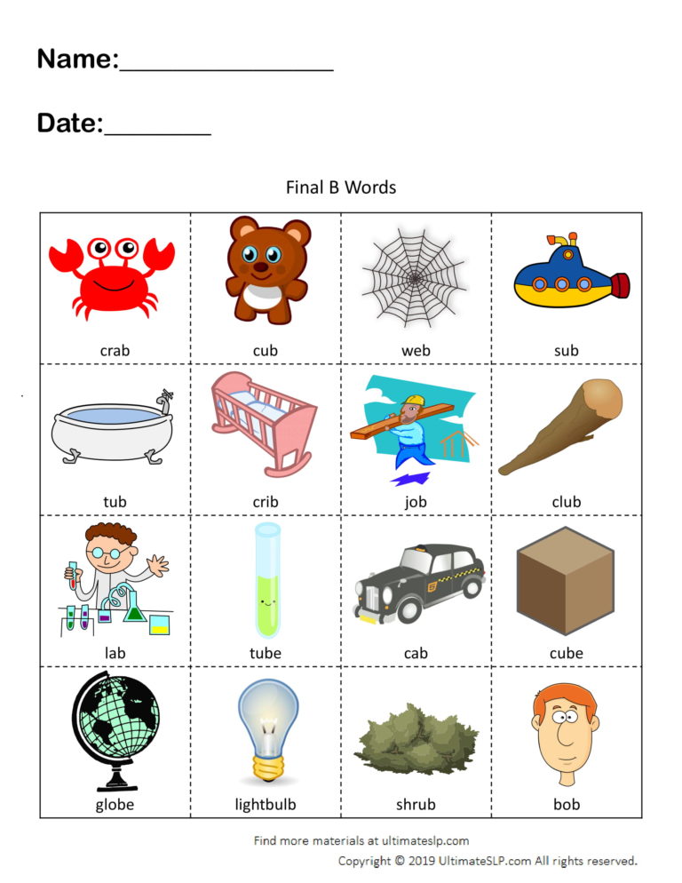 Final B Words Worksheet - Ultimate SLP