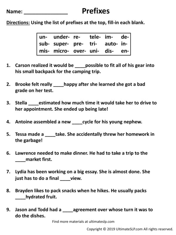 Prefixes Worksheet - Ultimate SLP