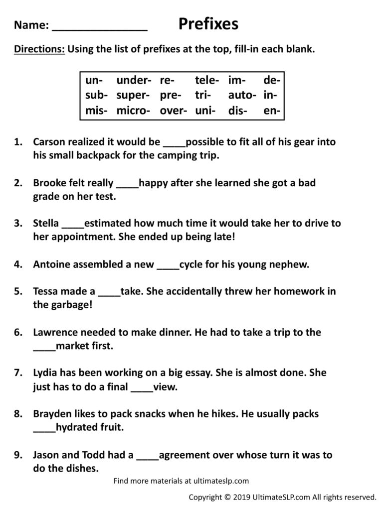 Prefixes Worksheet - Ultimate SLP