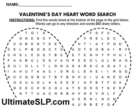 Valentine’s Day Word Search Worksheet 2 - Ultimate SLP